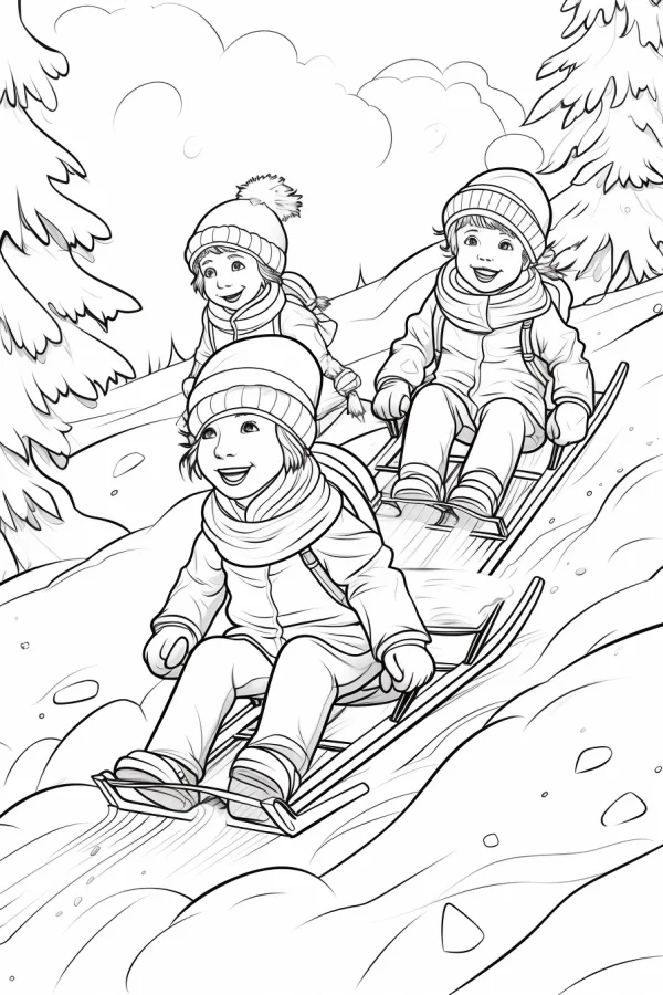 Children sledding on snow, cartoon style — free printable children coloring book page