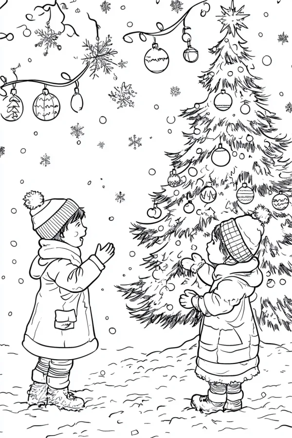 Two children in winter outfits standing by a decorated christmas tree on snowy ground, cartoon style — free printable children coloring book page