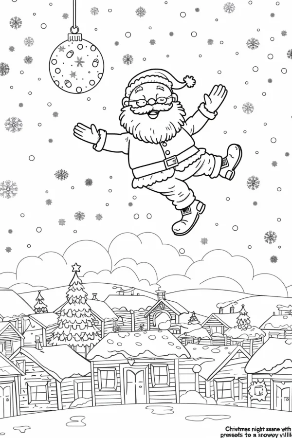 Jumping santa claus, cartoon style — free printable towns coloring book page