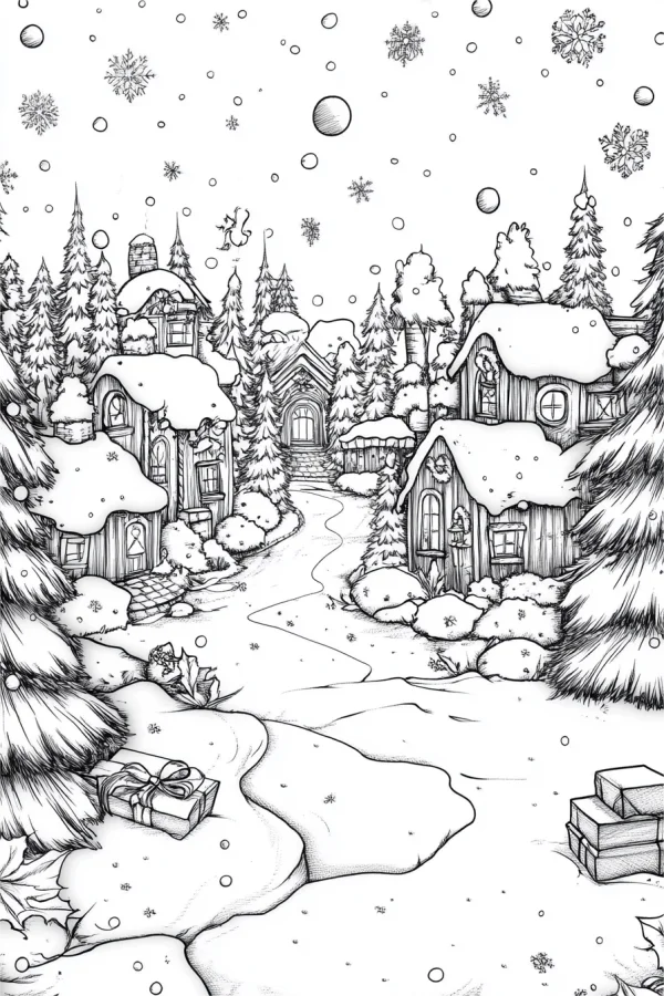 Snow-covered christmas town, illustration style — free printable small town life coloring book page