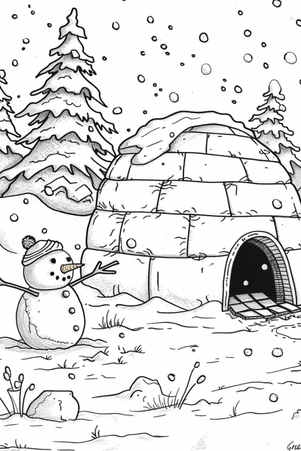 Snowman with knitted hat standing beside igloo, winter snowy forest with pine trees and falling snowflakes — free printable outdoor living coloring book page
