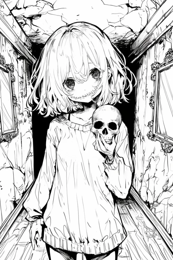Stitched-mouth girl holding a skull, dark anime style — free printable dark coloring book page