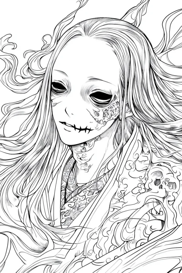 Japanese-style stitched-mouth ghost with long flowing hair, dark horror style — free printable japanese coloring book page