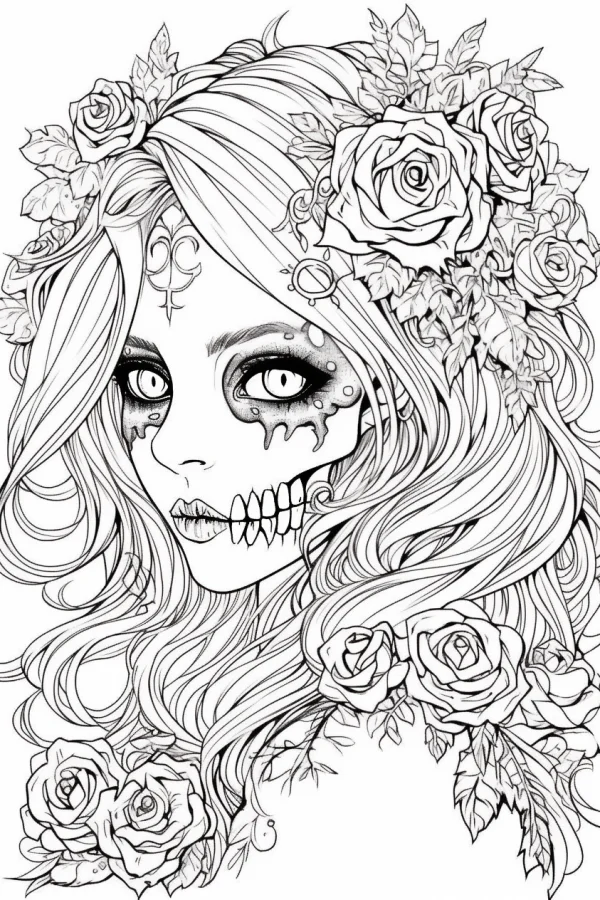 Skull makeup girl with roses in curly hair, gothic horror style — free printable day of the dead coloring book page