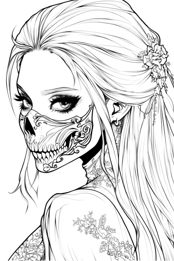 Gothic style woman with ornate skull mask, long flowing curly hair — free printable gothic coloring book page