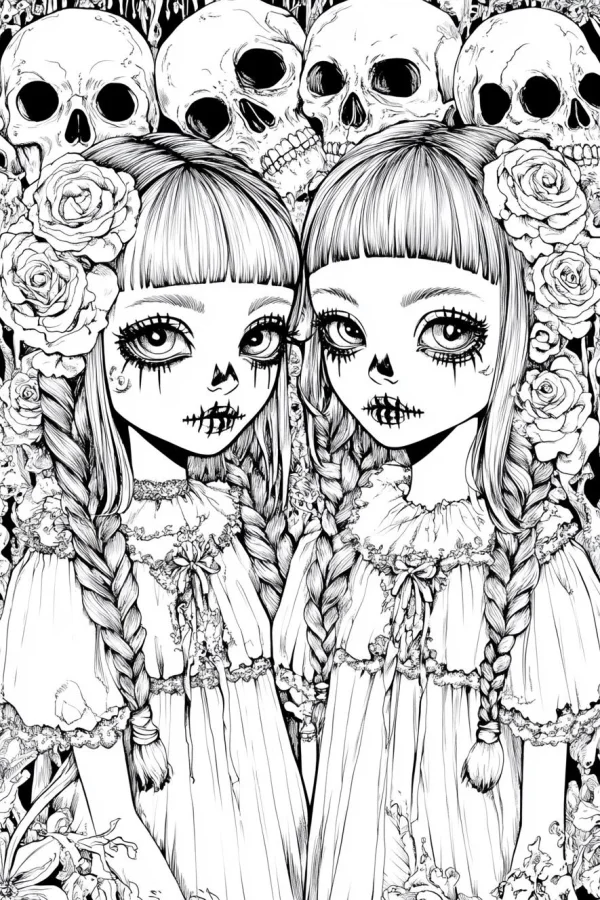 Coloring book page, gothic style undead twin girls with braids and skull-like makeup — free printable day of the dead coloring book page