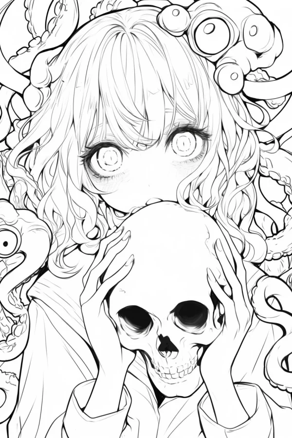 Curly-haired girl holding a skull, surrounded by octopus tentacles — free printable marine life coloring book page