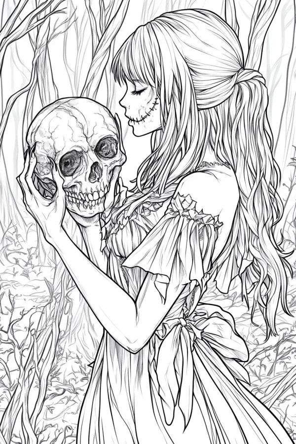Stitched-face girl holding a human skull, gothic horror style — free printable day of the dead coloring book page