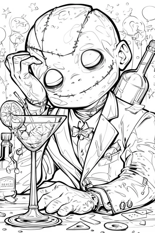 Drunk stitched doll in suit at bar, cartoon horror style — free printable party coloring book page