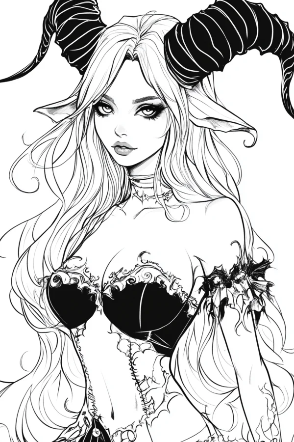 Coloring book page, horned demon girl with elf ears — free printable gothic coloring book page