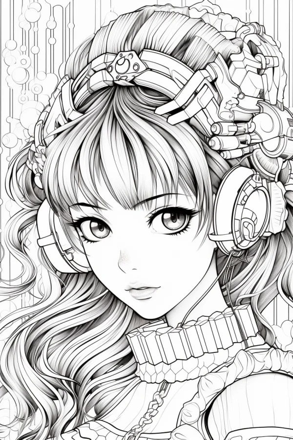 Coloring book page, cyberpunk style anime girl with intricate mechanical headgear and over-ear headphones — free printable cyberpunk coloring book page