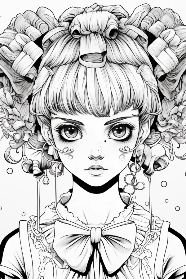 Cute japanese anime big-eyed girl with fluffy curly hair, fine smooth outlines — free printable japanese coloring book page