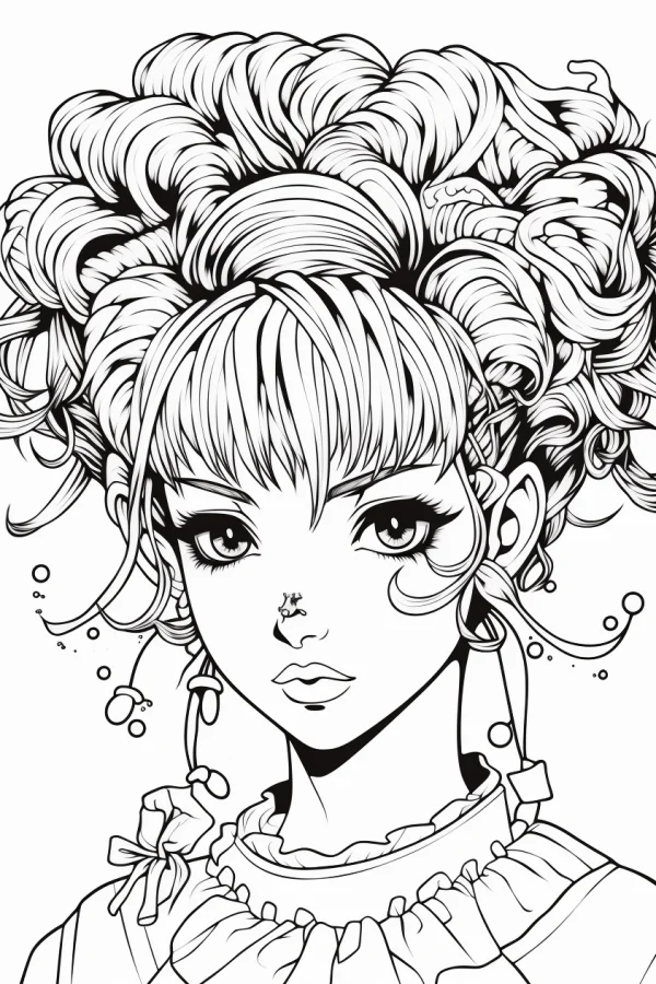 Anime curly-haired girl with bangs and nose stud, cartoon anime style — free printable anime coloring book page