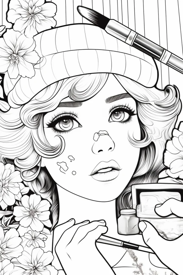Girl in knit hat with makeup details, cartoon illustration style — free printable fashion coloring book page
