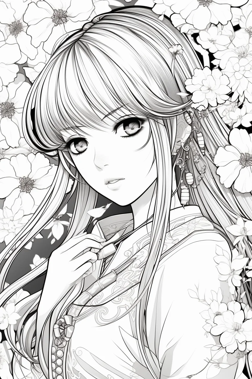 Chinese style long-haired girl in traditional clothing, anime art style — anime style — moderate detail — line art coloring page — for kids and adults of all ages