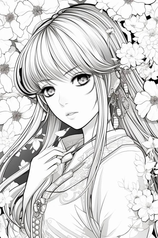 Chinese style long-haired girl in traditional clothing, anime art style — free printable chinese style coloring book page