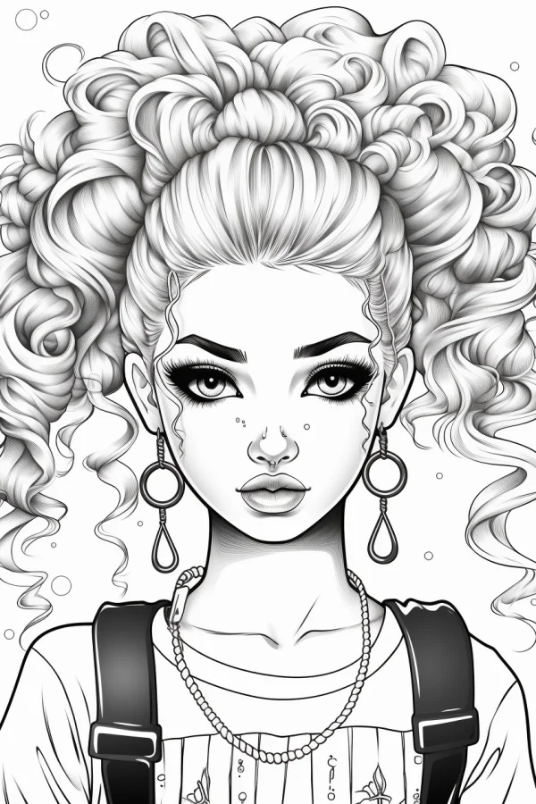 Curly hair fashion girl, cartoon style — free printable fashion coloring book page