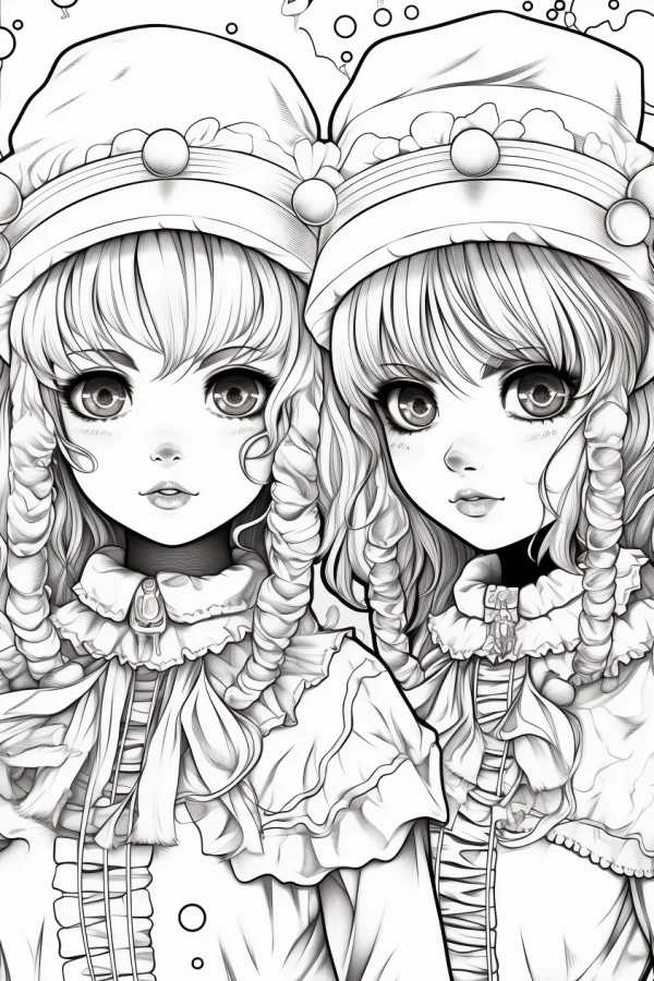 Two japanese anime-style girls with curly hair and decorative hats with round buttons, fine smooth hand-drawn lines — free printable japanese coloring book page