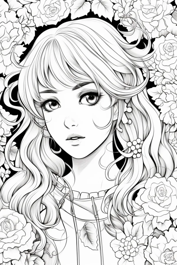 Curly-haired girl surrounded by roses and flowers, japanese anime style — free printable japanese coloring book page