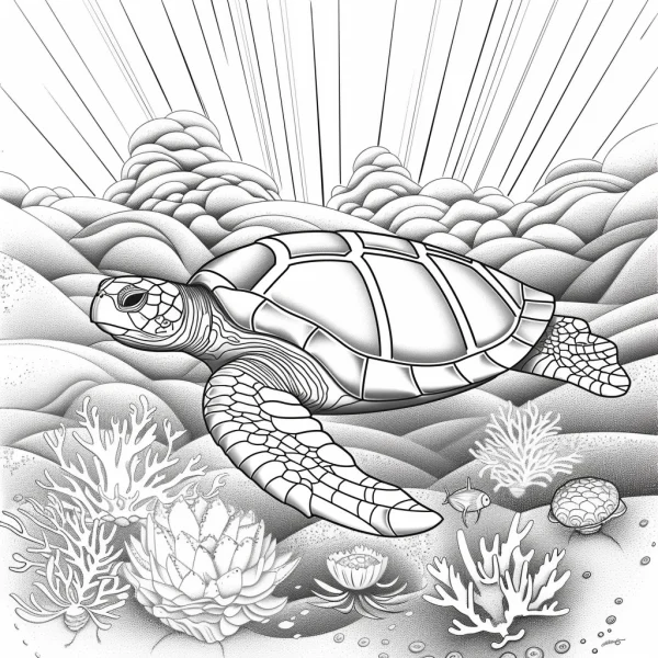 Underwater sea turtle, realistic line art style — free printable marine life coloring book page