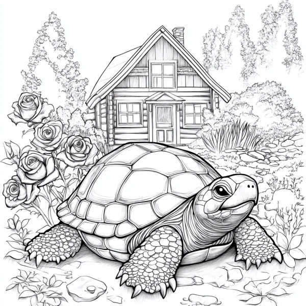 Tortoise in front of a rustic log cabin, realistic line art style — free printable country life coloring book page