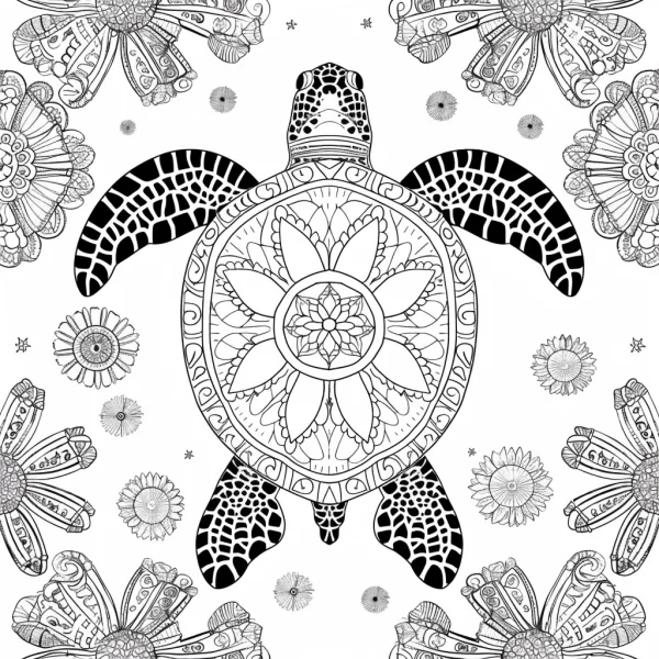 Mandala-style sea turtle, intricate symmetrical decorative patterns — free printable marine life coloring book page