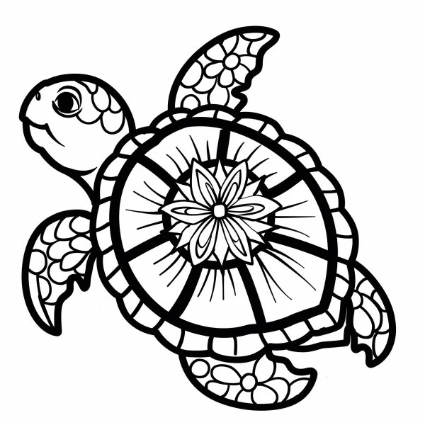 Sea turtle with intricate mandala pattern on shell, cartoon style — free printable marine life coloring book page
