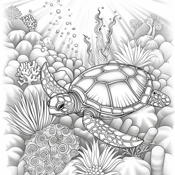 Sea turtle in underwater scene, realistic line art — free printable marine life coloring book page