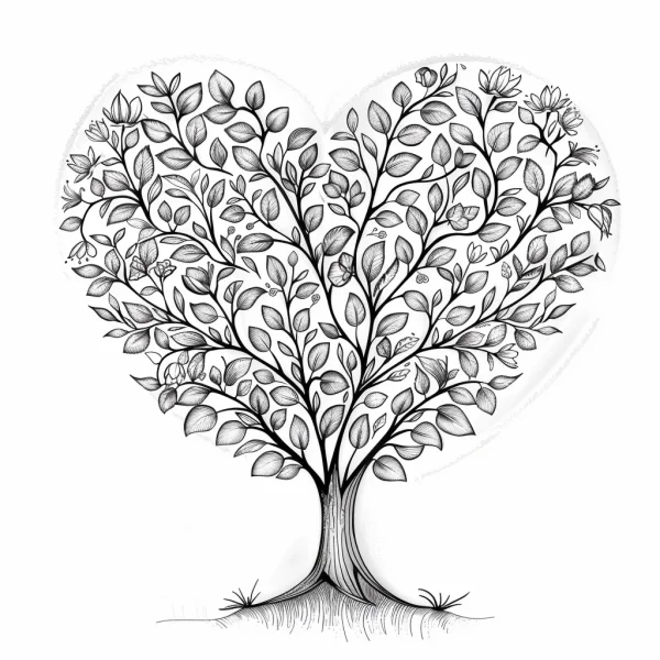 Heart-shaped tree with leaves and small flowers, symmetrical  sketch style — free printable romance coloring book page