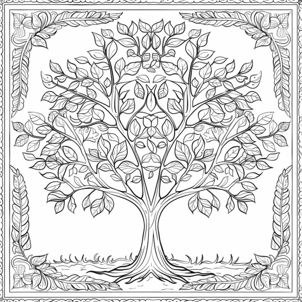 Life tree with decorative botanical border, art nouveau style — free printable balance coloring book page