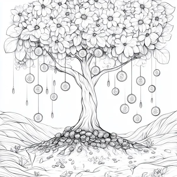 Money tree with blooming flowers and hanging coins, fine clean organic outlines — free printable wealth coloring book page