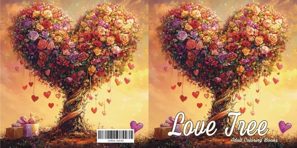 Coloring book spread, left is  of love tree made of flowers and hearts with gift boxes and heart ornaments — free printable valentine's day coloring book page