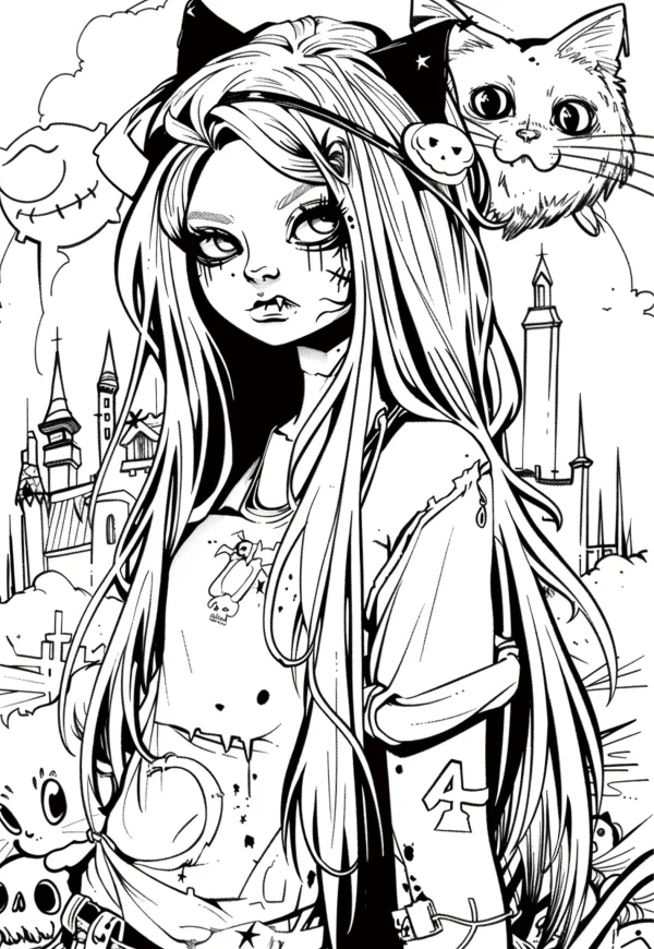 Gothic weird girl with cats, cartoon gothic style — free printable gothic coloring book page