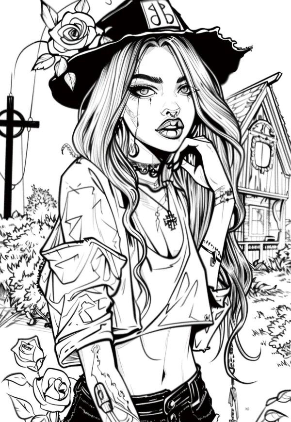 Gothic style witch with long wavy hair, wearing wide-brimmed hat — free printable gothic coloring book page