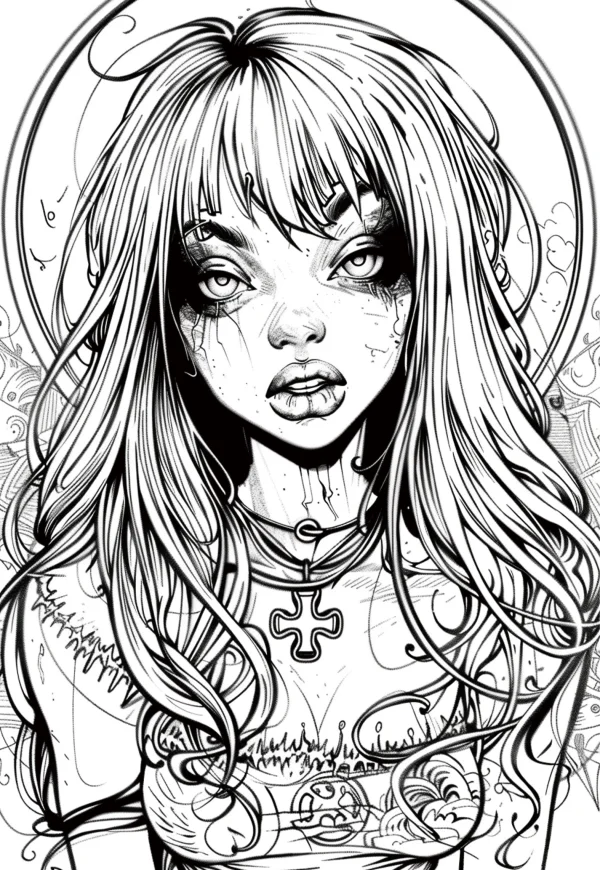 Gothic injured girl with long curly hair, horror style — free printable gothic coloring book page