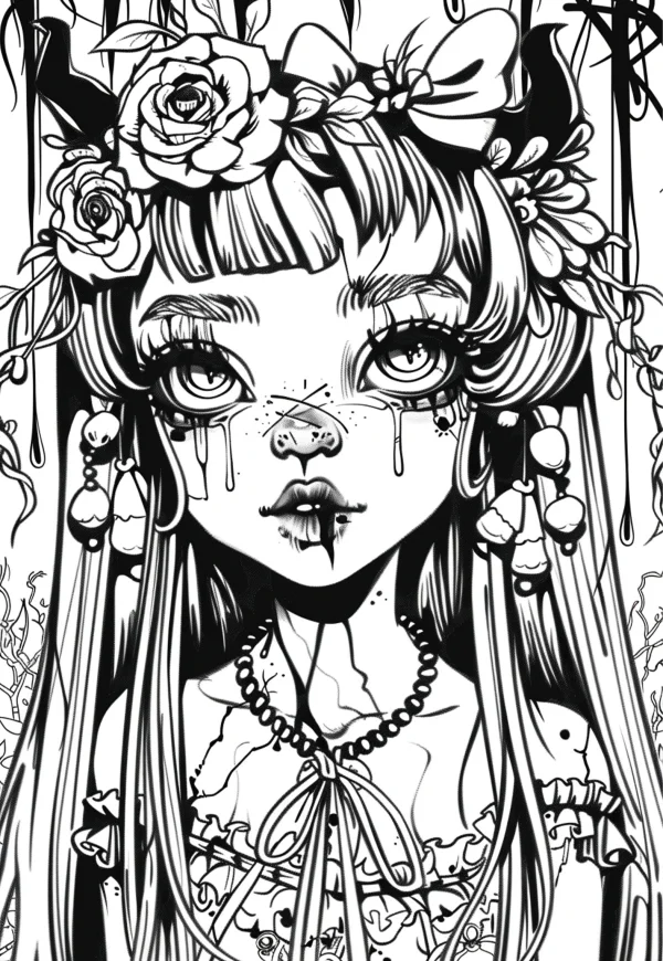 Dark gothic girl with roses and skull decorations, gothic style — free printable gothic coloring book page