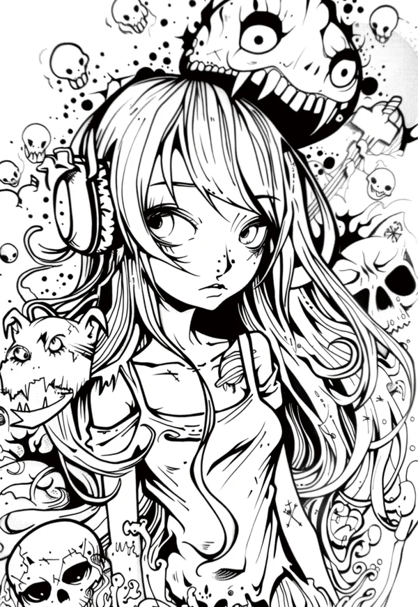 Dark anime girl with headphones, surrounded by various skulls and creepy monsters — free printable japanese coloring book page