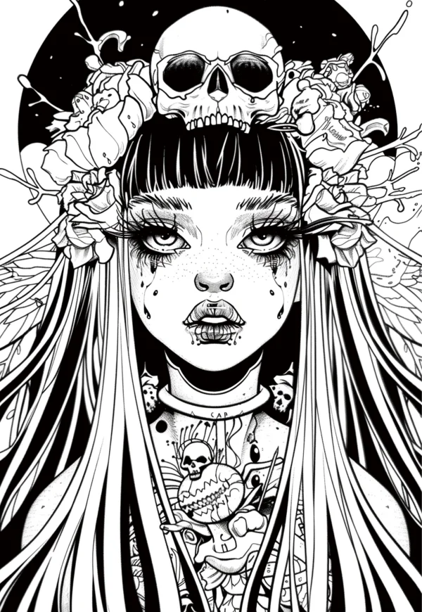 Dark gothic skull girl with skull headpiece and flower wreath, intricate detailed patterns including small skull decorations — free printable day of the dead coloring book page