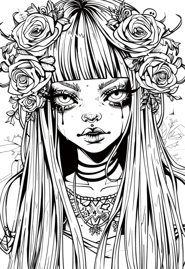 Gothic style crying girl with rose wreath on head, long straight bangs and hair — free printable gothic coloring book page