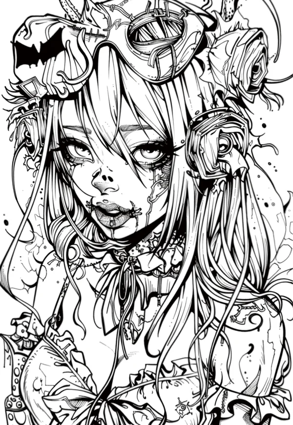 Coloring book page, stitched dark gothic girl with mechanical goggles and headphones — free printable gothic coloring book page