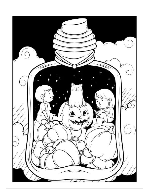 Children, cat and jack-o'-lantern inside a glass bottle — free printable children coloring book page