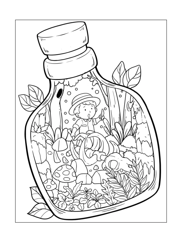 Explorer boy inside a glass bottle with miniature forest, cartoon style — free printable adventure coloring book page