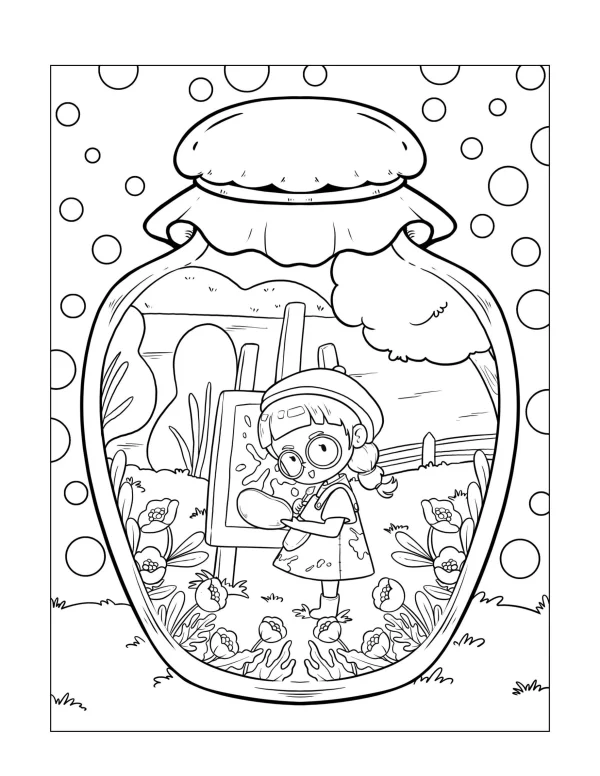 Cartoon girl painting inside a glass jar, cartoon style — free printable painting coloring book page