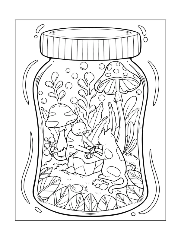 Two interacting cats inside a glass jar with micro natural scene, cartoon style — free printable friendship coloring book page