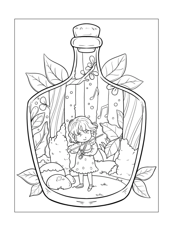 Girl playing violin inside a glass bottle, cartoon fairy tale style — free printable music coloring book page