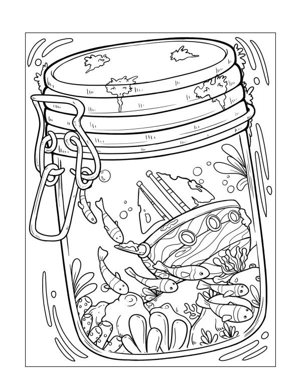 Miniature underwater world inside a sealed mason jar, cartoon style — free printable marine life coloring book page