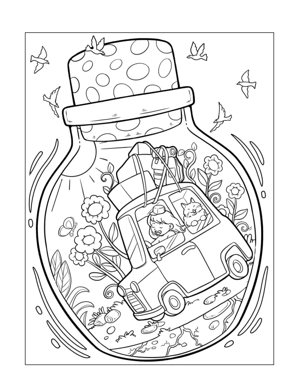Travel car with girl and cat inside a polka-dot cap glass bottle, cartoon style — free printable travel coloring book page