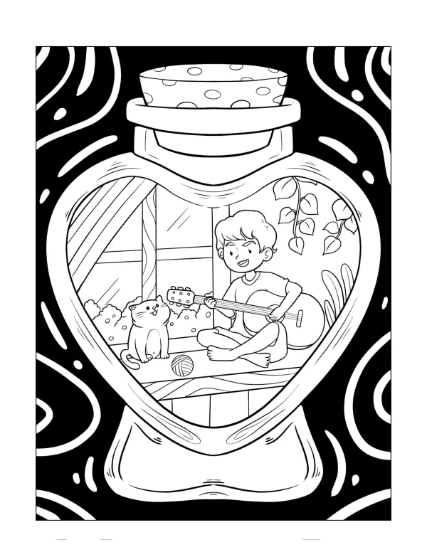 Coloring book page, boy playing guitar with cat inside heart-shaped glass bottle — free printable music coloring book page