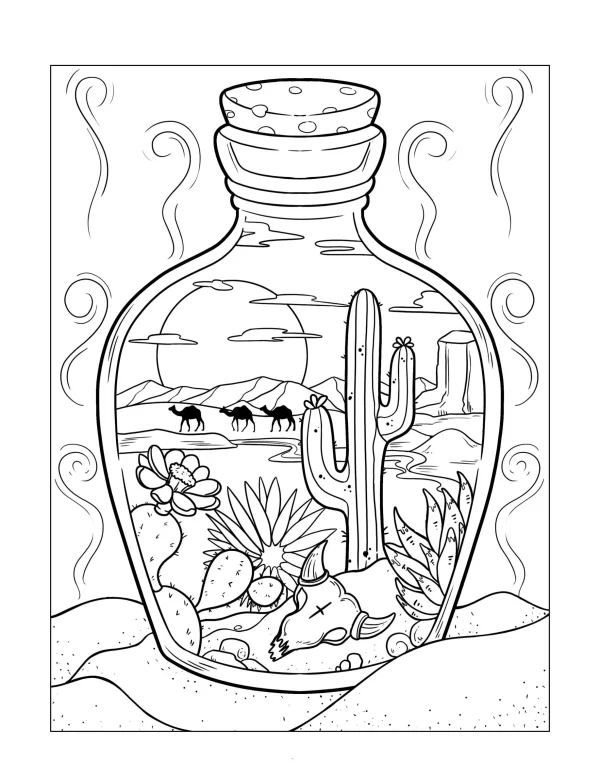 Desert landscape inside a glass bottle, sketch style — free printable desert coloring book page