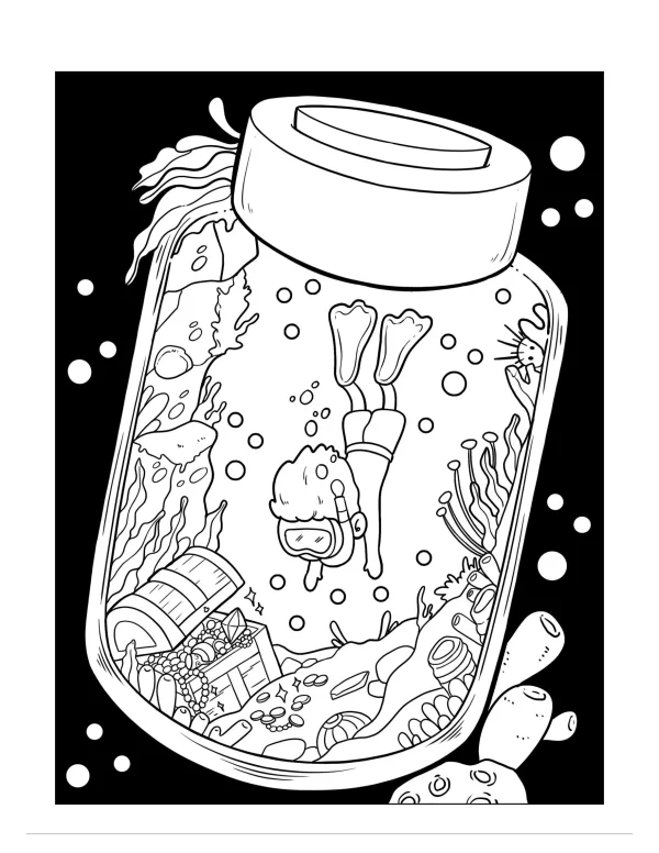 Underwater treasure hunting scene inside a glass jar, cartoon style — free printable adventure coloring book page